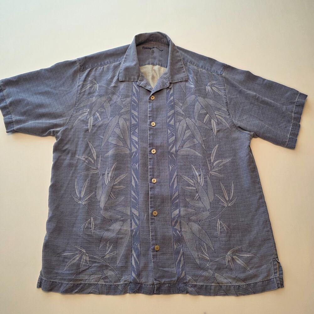 TOMMY BAHAMA Size Large 100% Silk Mens Blue Tropical Design Shirt